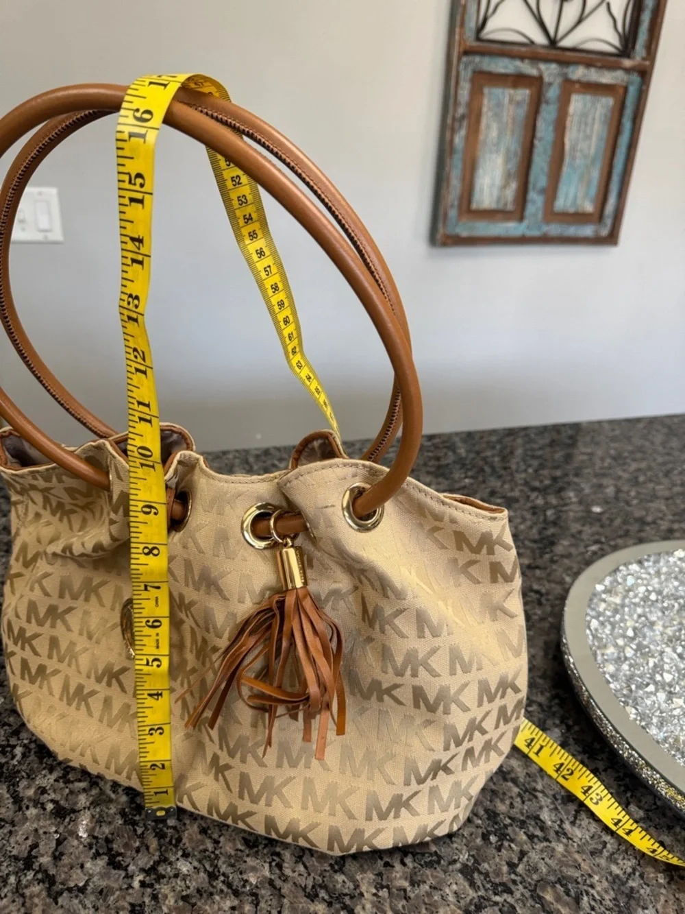 Michael Kors Beige MK Monogram Round handle Tote EUC